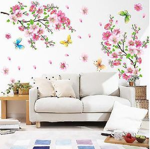 Adesivos de parede 3d rosa removível pêssego ameixa flor de cerejeira flor borboleta arte decalque adesivo para casa decoração do quarto