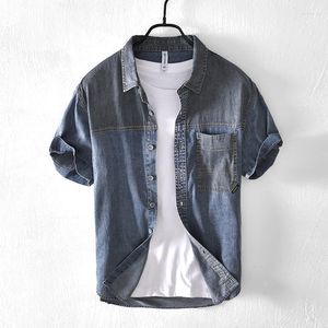 Men's Casual Shirts Literary Contrast Color Denim Short-sleeved Summer Thin Section Loose Handsome Shirt