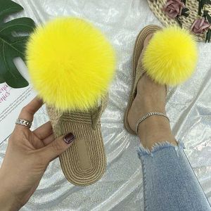 Slippers Fox Fur Slippers Summer 2022 Womens Faux Espadrilles Pom Fluffy Flip Flops Slipper House Ladies Natural Fur Slides Sandals L230725