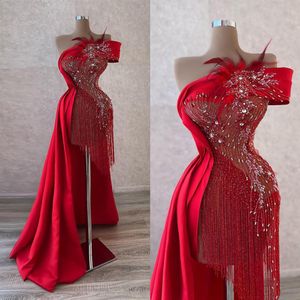 Customers Often Bought Prom Dress A Line Evening Dresses Red One Shoulder Sequins Floor Length Tulle With Feather 3d Flower Beads 290K