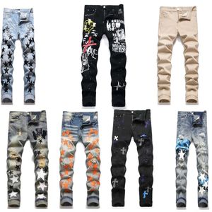 Designer amiiris herr mens jeans high street lila jeans för män broderi byxor kvinnor rippade lapp hål denim rak mode streetwear smala grå jeans