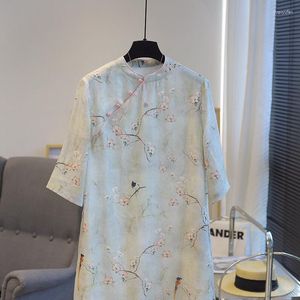 Ubranie etniczne plus size zielone luźne kwiatowe Cheongsam Kobiety z długim rękawem Tradycyjny vintage Summer A-Line Dress Chinese Style Qipao