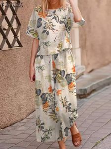 Kvinnor Tvåbitar byxor Summer Floral Wide Leg Tracks Woman Women Casual Cotton Matching Set Zanzea Bohemian Printed Short Sleeve Pant 230724