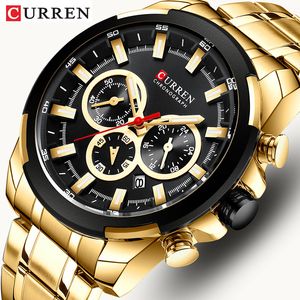 Нарученные часы Curren Mens Watch Top Brand Big Sport Watch Luxury Men Men Antual Steel Quartz Wrist Chronograph Gold Design Мужское часы 230724