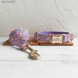 Collare per cani personalizzato Collare per animali personalizzato Incisione gratuita ID Nome Tag Accessorio per animali Fiori viola Collare per cuccioli in fibra Guinzaglio L230620