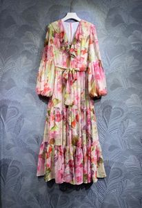 Sukienka z nadrukiem koronkowym 2023 Autumn/Winter Nowy pasek w szyku V-Neck z długim rękawem sukienka z piaskiem S-xxl Monochromatyczne pięć rozmiarów