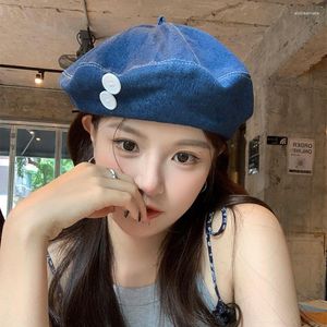 Berets Niche Design Cowboy Beret Cap Women Korean Button Bud Painter Hat Big Head Circumference Octagonal For