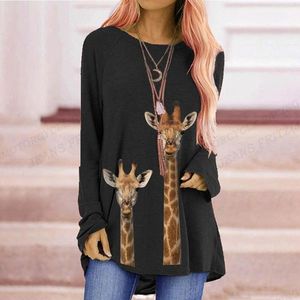 T-shirt da donna Giraffa T-shirt con stampa 3d T-shirt da donna a maniche lunghe T-shirt da donna T-shirt da donna Abbigliamento allentato