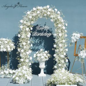 Getrocknete Blumen, luxuriöse weiße Rose, Babysbreath-Hochzeit, 5D-Blumenläufer-Arrangement, Event-Tischdekoration, Kugelstoff, Schleierkraut, Blumenwand 230725