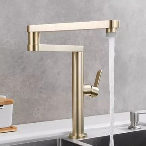 Brushed Gold Kitchen Faucet Foldable Pot Filler Tap Deck Mounted Sink Faucet Hot and Cold Sink Tap Rotate Folding Spout Brass