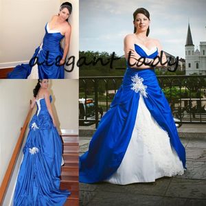 Vestidos de Noiva Gótico Azul Real e Branco 2019 Vintage Sweetheart Laço Mancha Espartilho com Cadarço Vestido de Noiva Igreja Jardim215f