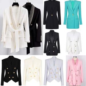 Kadın takım elbise blazers ince şekil tasarımcısı kadın ceketler siyah beyaz ofis kıyafeti altın çiviler kemer kayış tasarımcısı lüks kıyafetler s-xxl