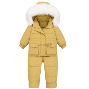 Down Baby Snowsuit 2 parçalı erkek kızlar aşağı ceket set çocuklar kalınlaşmış sıcak kayak elbise kürk kapüşon aşağı ceket +önlük pantolonlar için hkd230725