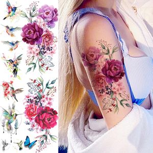 3D Watercolor Rose Peony Flower Temporary Tattoos For Women Adult Hummingbird Realistic Fake Tattoo Sexy Half Sleeve Tatoo Decal