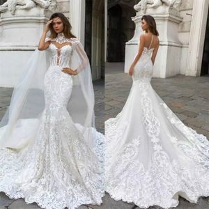 Gorgeous Mermaid Lace Wedding Dresses With Cape Sheer Plunging Neck Bohemian Wedding Gown Appliqued Plus Size Bridal Vestidos De N3479