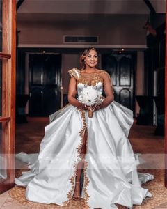 White Arabic Aso Ebi Beaded Wedding Dresses Wit Gold Lace High Split One Shoulder Plus Size Bridal Party Gowns