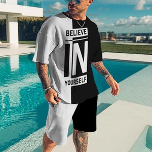 Herrspårar herr 3D-spårdräkt Sommar mode mäns t-shirt shorts 2 stycken casual gata slitage svart och vit överdimensionerad set 230720