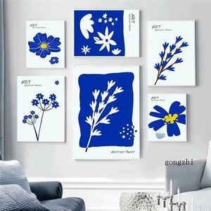 Pintura em tela Blue Flower Art Exhibition Minimalist Nordic Posters and Prints Wall Art Pictures for Bedroom Home Decor Gift w06