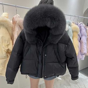 Parkas Feminino 2022 Feminino Moda Inverno Branco Duck Down Jackets Feminino Gola de Pele Grande Real Casacos com Capuz Senhoras Curtos Sobretudos Soltos E422 HKD230725