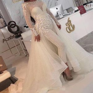 2020 Modest Jumpsuit Wedding Dresses Sequins Long Sleeves Overskirts Organza Lace Applique Scoop Neck Custom Made Wedding Gown222l