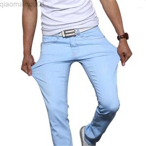 Men's Jeans Men's Jeans Men Solid Colors Mid Cowboy Tight Pants Elastic Casual Straight Skinny Stretch Blue Trousers1 L230725