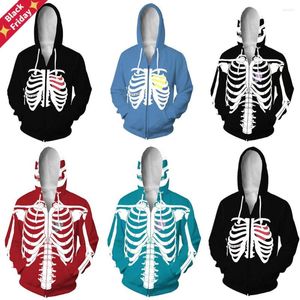 Herrtröjor skelett zip up hoodie 2023 3d tryckt rolig halloween kostym tonåring unisex par cool hip hop streetwear