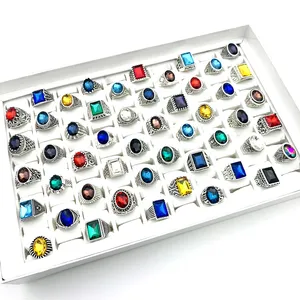 Wholesale 100pcs Retro Ring Antique Silver Plated Multicolor Stone Glass Vintage Jewelry Rings for Men Women Party Gifts