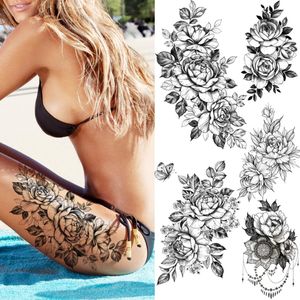 Tatuagens temporárias de flor de rosa sexy realista para mulheres, coxa, adulto, peônia, florais, tatuagem falsa, arte corporal, adesivos de tatuagens à prova d'água