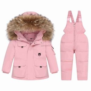 Casaco de penas para bebês, inverno, jaquetas quentes, conjunto de roupas infantis, 2 peças, meninos, casaco com capuz engrossado, macacão, roupas para meninas, roupas de neve para crianças HKD230725