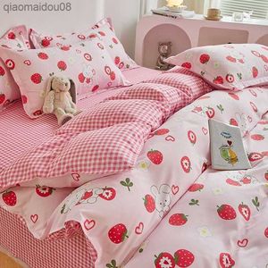 Süßes Kaninchen-Bettwäsche-Set mit Erdbeer-Thema, Twin-Queen-Size-Bettbezug, Bettlaken, Polyester, Jungen- und Mädchen-Bettwäsche, L230704