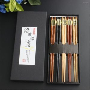 Chopsticks 5 Pairs Japanese Reusable Natural Beech Chinese Set Wood Household Wooden Chopstick Kitchen Tools
