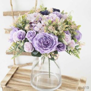 Torkade blommor Autumn Artificial Peony Flowers Bride Silk Rose Bouquet Diy Wedding Home Garden Decoration Accessories Fall Hortangea Fake Plant R230725