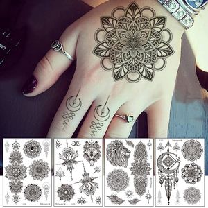 Adesivo de tatuagem temporária à prova d'água no peito Lace Henna Mandala Tattoos Black Flower Body Art Braço Perna Fake DIY Tattoo Women Men