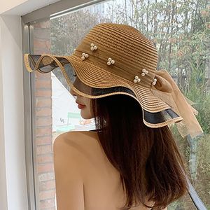 Wide Brim Hats For Women Summer Hat Women's Big Straw Bow Ribbon Beach Lace Edge Pearl Sun