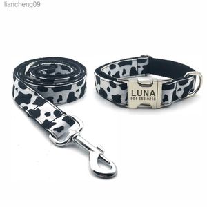 Personlig ko -mönster Pet krage Anpassad valp -ID -tagg Justerbar katttillbehör Black White Basic Dog Colars Leash L230620