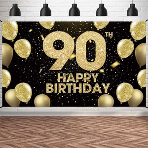 Background Material Happy 90th Birthday Background Party Table Banner 90th Anniversary Decoration Pavilion Black Gold Balloon Colorful Paper Scrap Background x0