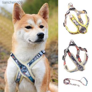 Colete para animais de estimação de luxo para cães pequenos e médios Conjunto de arnês e trela para cachorros de cachorro de malha ajustável Shiba Inu Corrente para mascotas L230620