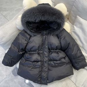 Down Coat Girls Winter Down Jacket Midlängd förtjockad vit Duck ner kläder Koreanska barn Big päls krage varmt utkläder HKD230725