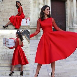 Sheer Long Sleeves Red Graduation Dresses A Line Jewel Neck Backless Tea Length Cocktail Dresses Evening Homecoming Gowns Vestido 207f