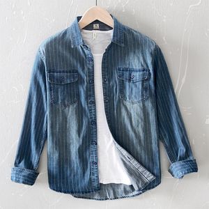 Mäns casual skjortor #7655 vertrisk randig denim skjorta män vänd ner krage vintage jeans långärmad lös bomull svartblå hög kvalitet