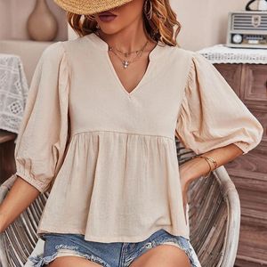 Kvinnors T-skjortor Halva ärm V-Neck Pullover Tops 2023 Summer Cotton Linen Blus Ladies Fashion Casual Pendder Loose Office