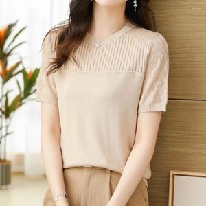 Kvinnors blusar 2023 Casual Ice Silk Blus Women O Neck Short Sleeve Solid Slim Sticked Lady Shirts Summer Fashion Elegant Office Top 27567