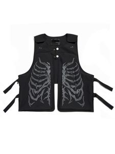 Men's Vests PFNW Skeleton Graphic Print Vest Jacket Hihg Street Dark Style Streetwear Autumn Pocket Patchwork Techwear Male Waistcoat 230725