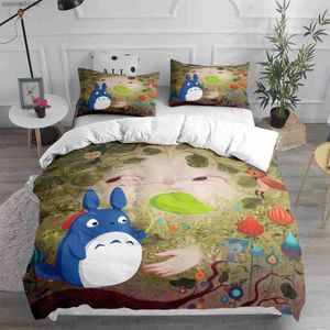Conjunto de roupa de cama para crianças dos desenhos animados My Neighbor Totoro Roupa de cama Colcha Conjuntos de capa de edredom Decoração para casa Twin Single Queen King Size Anime Gift L230704