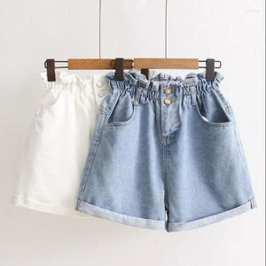 Kvinnors shorts denim Summer Black S-5XL Pleated White Blue High midje stretch Short Jeans Ozzo Plus