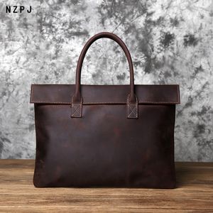 Porte-documents NZPJ Retro Men s Briefcase Leather Casual HandbagTop Layer Cowhide Business Tablet Bag Mince Embrayage Pour Ordinateur Portable 16 Pouces 230724