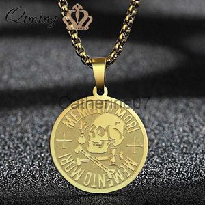 Pendant Necklaces QIMING Punk Memento Mori Skull Pendant Necklace Stainless Steel Men Jewelry Amor Fati Skeleton Punk Necklace J230725