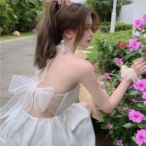 Casual Dresses Women Dress 2023 Summer Korean Sweet Backless Chiffon Solid White Lace Princess