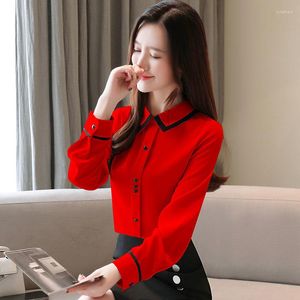 Kvinnor Bluses Office Lady Chiffon Shirt Top Red Long Sleeve Female Blus 2023 Summer Shirts Tops Plus Size Autumn Fashion Spring