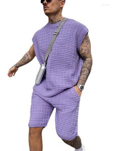 Verão respirável macio malha 2 peças conjunto sólido fino ajuste o pescoço sem mangas camisas + shorts ternos masculinos masculino streetwear 2 peças terno